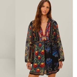 NWT FARM RIO Black Mixed Arabesque Scarves Long Sleeve Mini Dress